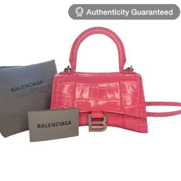 BALENCIAGA Hourglass Top Handle Mini Bag Crocodile Embossed Leather XS Pink Tote - Picture 1 of 11